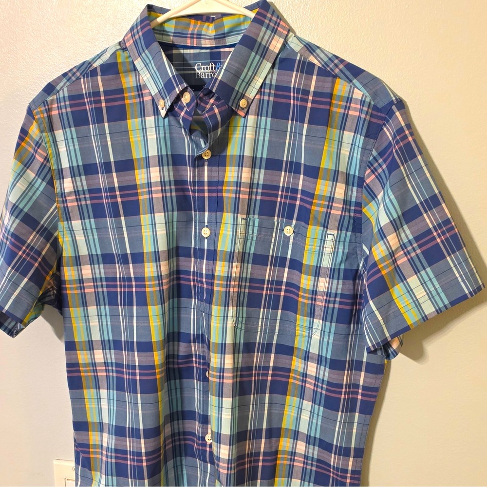 Croft & Barrow Performance Men's Woven Plaid SS Button-Up Slim Fit M Blue #326
